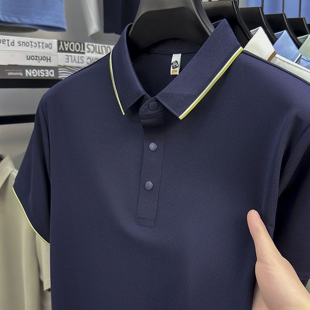 Men's Clothing High End Nylon Spandex Ice Silk Jacquard Short Sleeved T Shirt Summer New Men's Business Casual Solid Color Polo Shirt T Shirt_viptrois.com