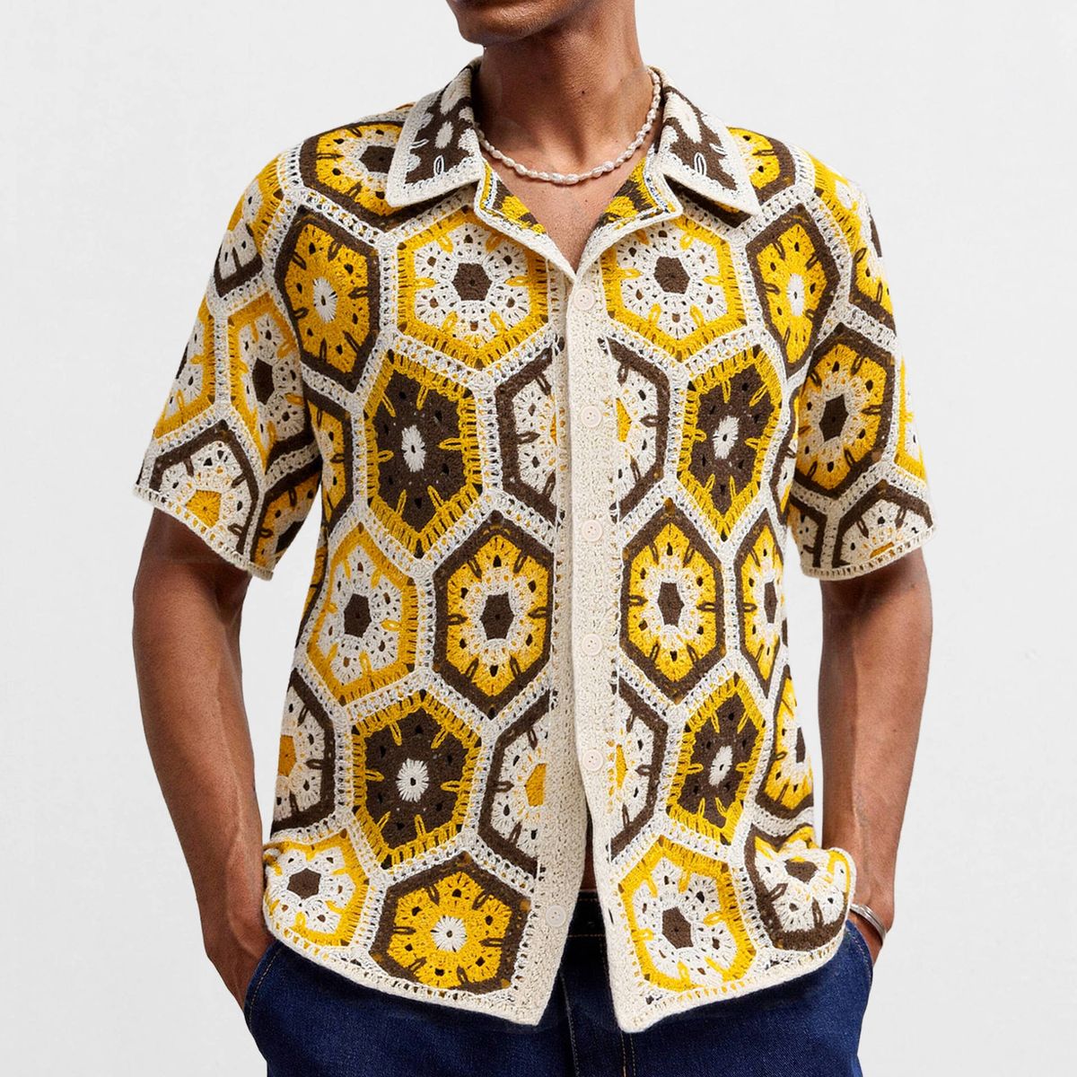 Men's Clothing National Style Heavy Crochet Sweater Summer Short Sleeve Polo Shirt_viptrois.com