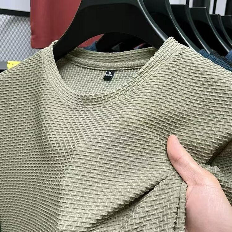 Men's Clothing Textured Fashionable And Versatile Short Sleeved Round Neck Bottoming Solid Color Shirt_viptrois.com