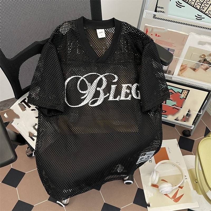 "Unisex Mesh Graphic Short Sleeve Tee - Breathable V-Neck Basketball Jersey Style With Anti-Wrinkle Finish (Sizes M-2XL)"_viptrois.com