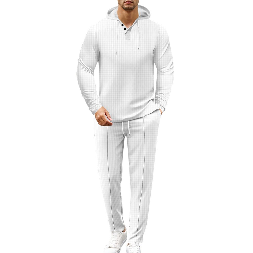 Men's Long Sleeve Two Piece Suit Hooded Waffle Knit Pants Autumn_viptrois.com