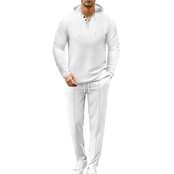 Men's Long Sleeve Two Piece Suit Hooded Waffle Knit Pants Autumn_viptrois.com