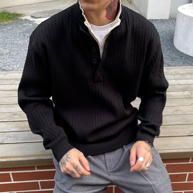 "Men's Oversized Knit Sweater – Winter Fashion, High Neck, Drop Shoulder, Chunky Yarn, Loose Fit (Retro Texture, Unisex Appeal)"_viptrois.com