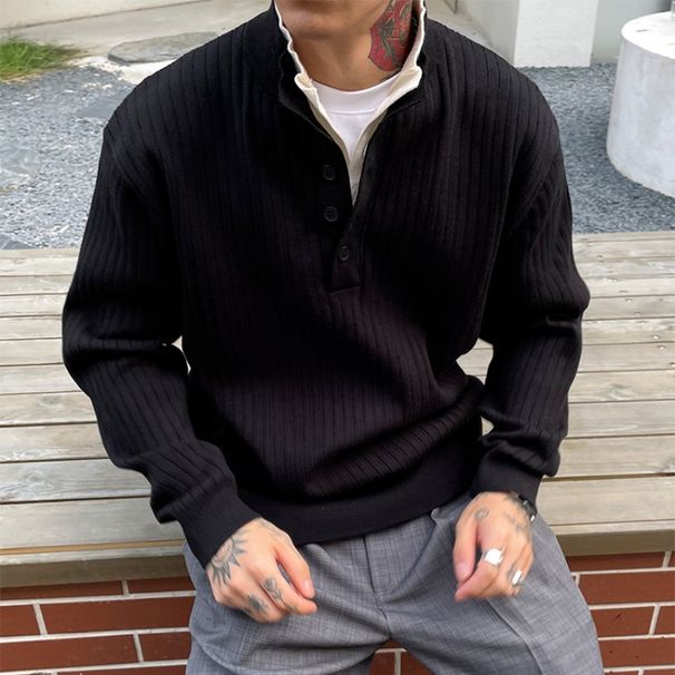 "Men's Oversized Knit Sweater – Winter Fashion, High Neck, Drop Shoulder, Chunky Yarn, Loose Fit (Retro Texture, Unisex Appeal)"_viptrois.com
