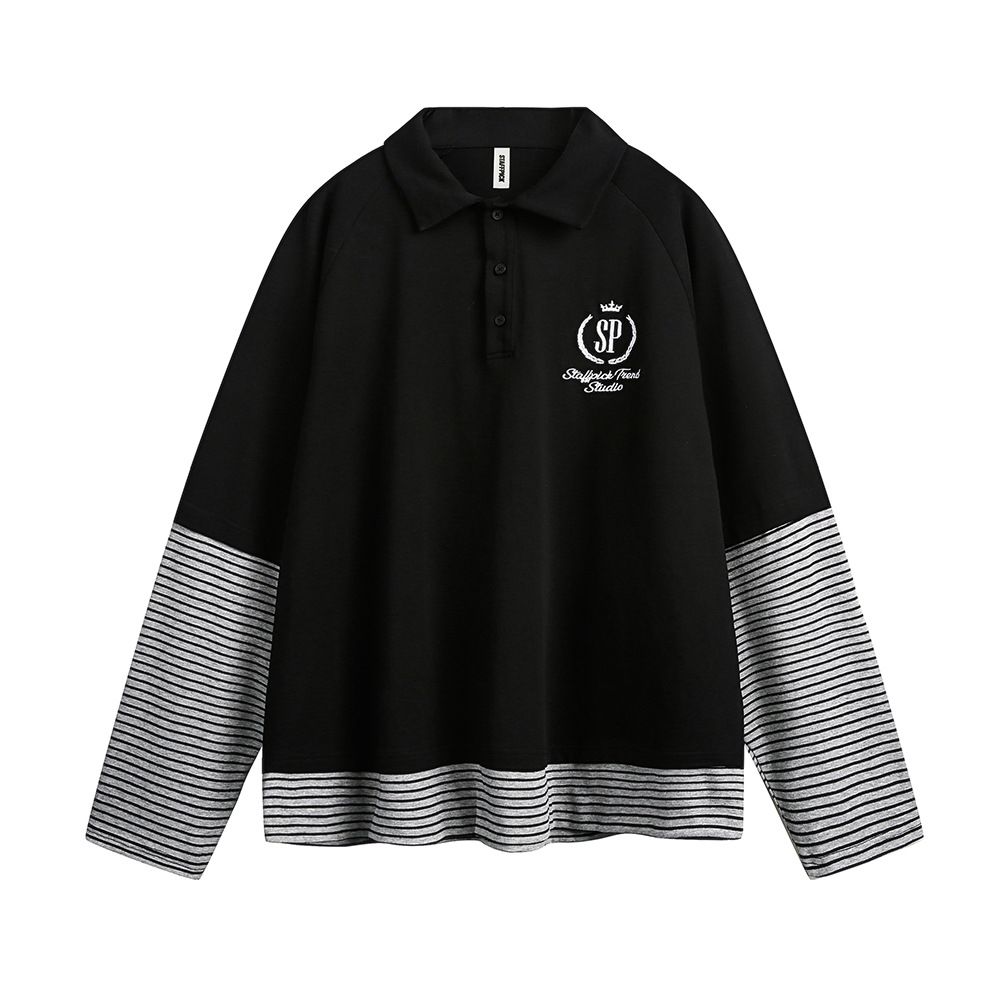 Two-Piece Striped Patchwork Turn-Down Collar Sweatshirt For Men Women, Spring And Autumn Wear, Lazy Style, Loose_viptrois.com
