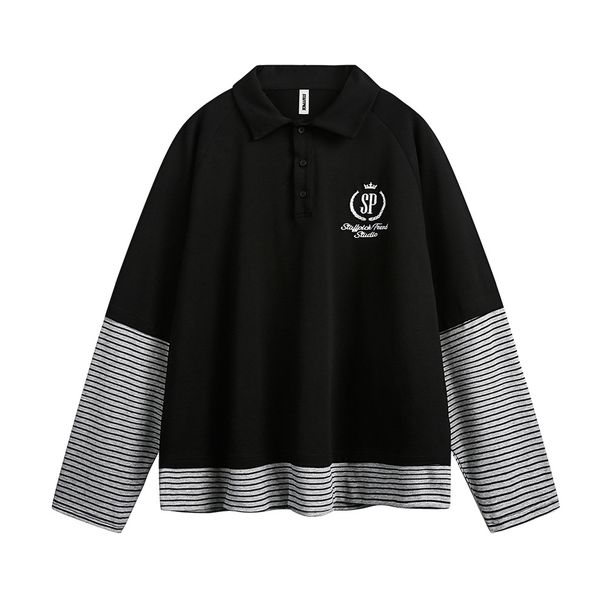 Two-Piece Striped Patchwork Turn-Down Collar Sweatshirt For Men Women, Spring And Autumn Wear, Lazy Style, Loose_viptrois.com