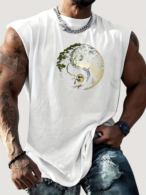 100% Pure Cotton Men's Summer Casual Sports Fitness Loose Yin-yang Pattern Printed Breathable Round Neck Sleeveless Vest_viptrois.com