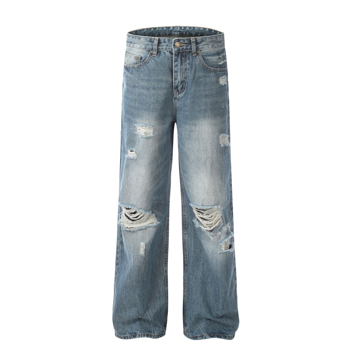 Men's Clothing Retro Style High End Washed Blue Street Fashion Hole Design Men's Loose Flared Jeans_viptrois.com