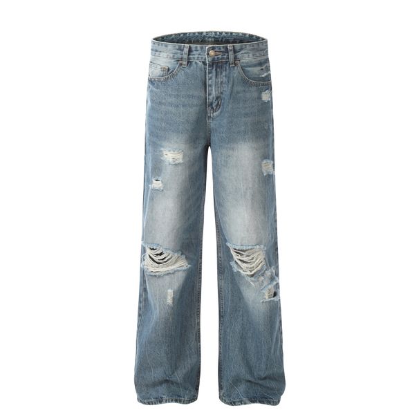 Men's Clothing Retro Style High End Washed Blue Street Fashion Hole Design Men's Loose Flared Jeans_viptrois.com