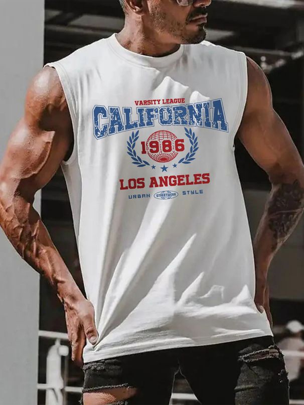 100% Pure Cotton Men's Summer Casual Sports Fitness Loose Retro California Pattern Printed Breathable Round Neck Sleeveless Vest_viptrois.com