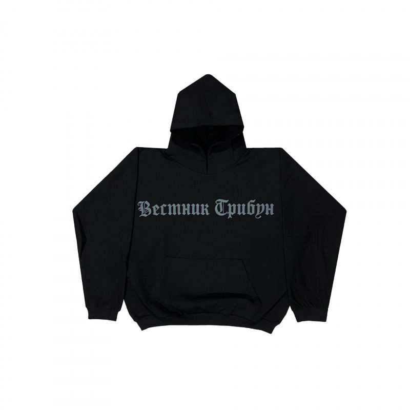 Unisex Oversized Hoodie – Cyrillic Letter Print Drop Shoulder Pullover (Black/White/Olive)_viptrois.com