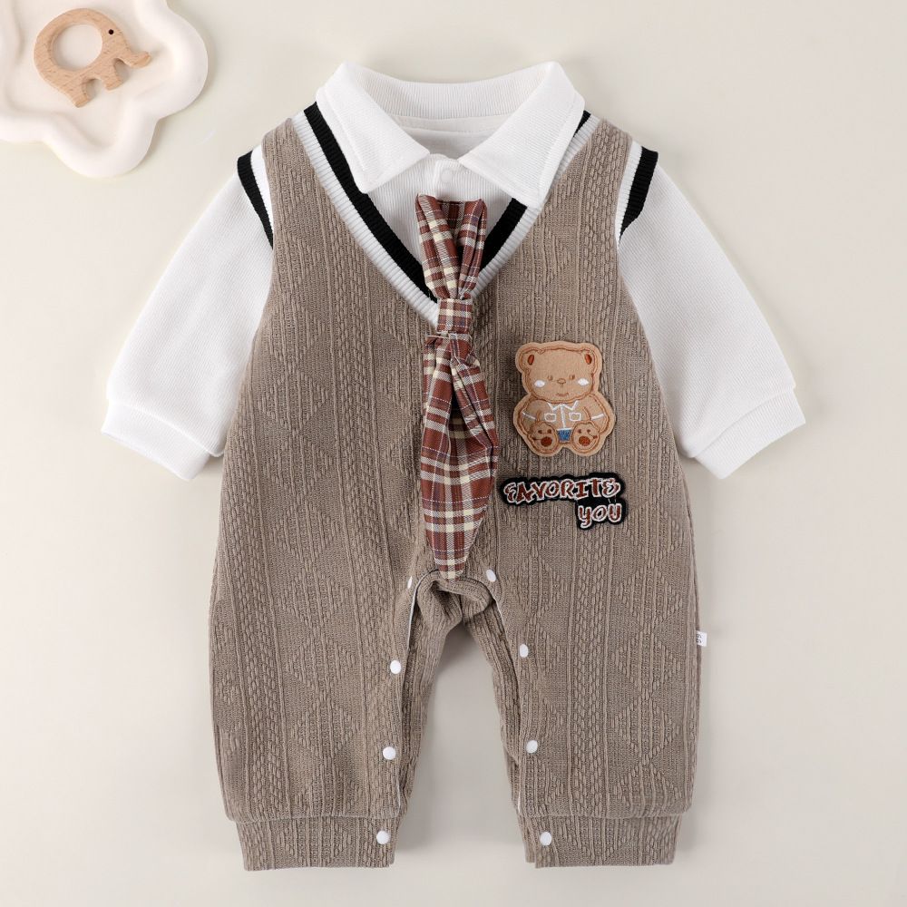 Super Cute And Fashionable Baby Clothes Spring And Autumn College Style Baby Jumpsuit Autumn Clothes Fake Two Piece Gentleman Going Out Clothes Romper_viptrois.com