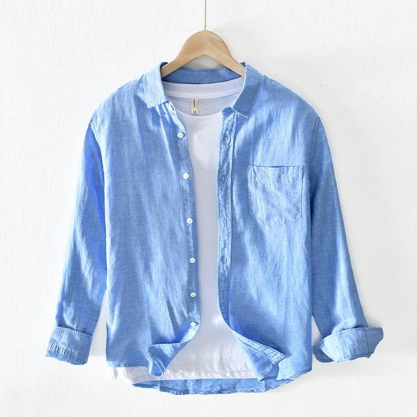 Men's Clothing Daily Casual Outerwear All Match Shirt Linen Long Sleeved Solid Color Shirt_viptrois.com
