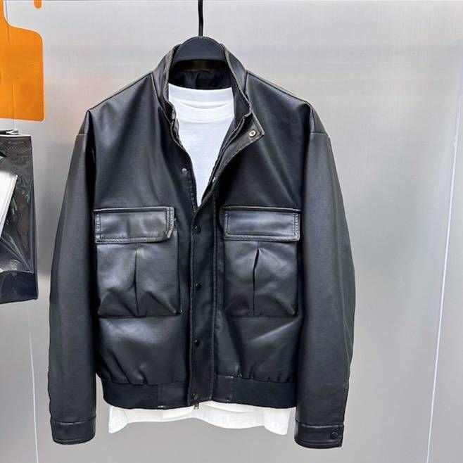 Men's Clothing Casual Leather Jacket Stand Collar Pu Quilted Leather Jacket Workwear Loose Men's Cotton Jacket_viptrois.com