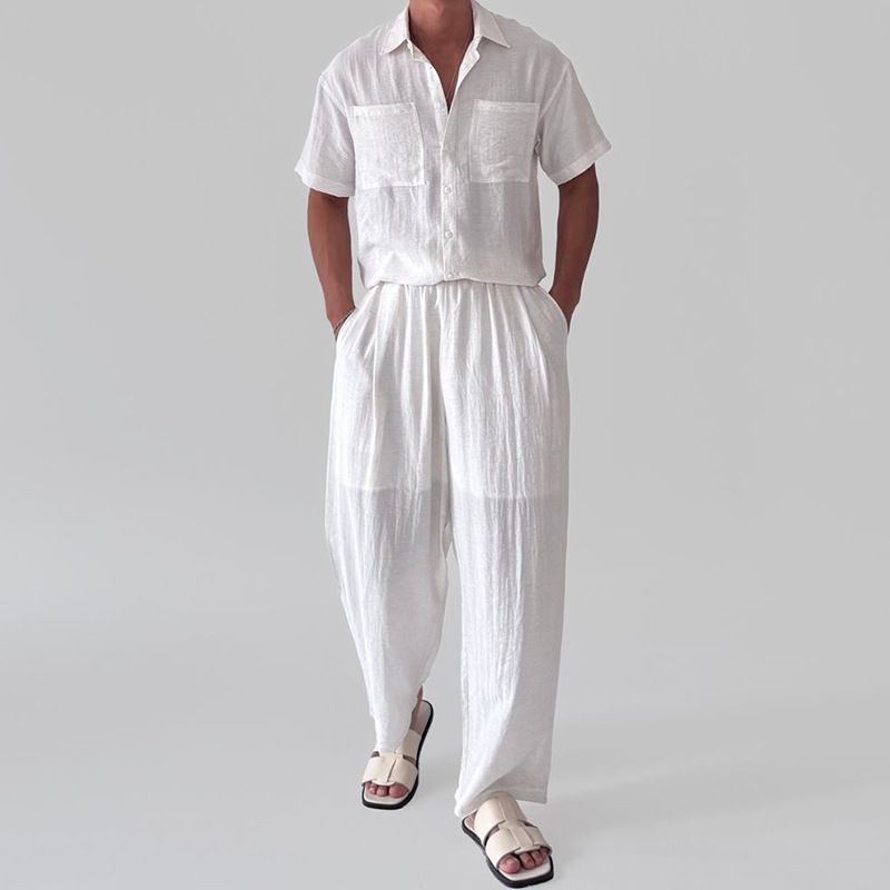 Men's Clothing New Men's Casual Fashion Suits Lapel Button Shirt Loose Trousers Men's Clothing_viptrois.com