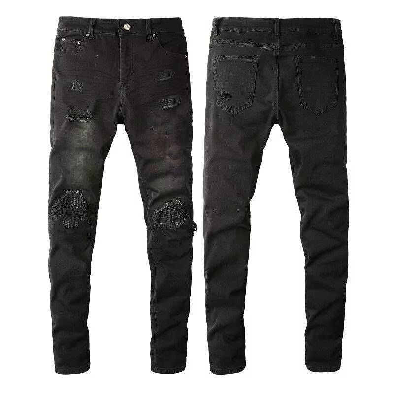 Men's Clothing Fashion Brand Washed Scratched Patches Paint Graffiti Stretch Slim Jeans_viptrois.com