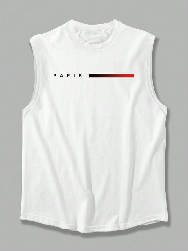 100% Pure Cotton Men's Summer Casual Sports Fitness Loose Parisian Style Printed Breathable Round Neck Sleeveless Vest_viptrois.com