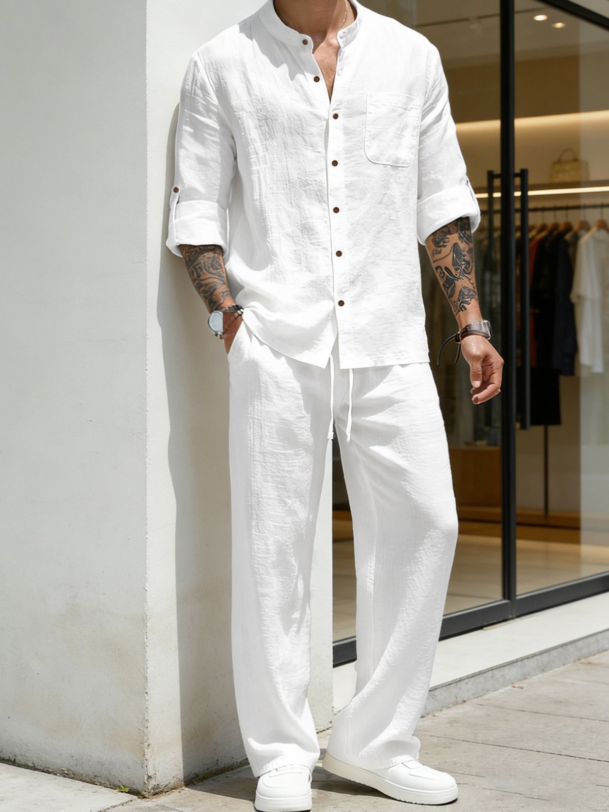 2026 Men's Fashion Shirt Long-Sleeved Retro Standing Collar Summer, Autumn, And Winter Linen Youth Long-Sleeved Pants Set_viptrois.com