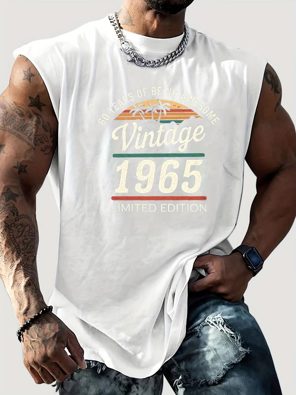 100% Pure Cotton Men's Summer Casual Sports Fitness Loose Retro 1965 Pattern Printed Breathable Round Neck Sleeveless Vest_viptrois.com