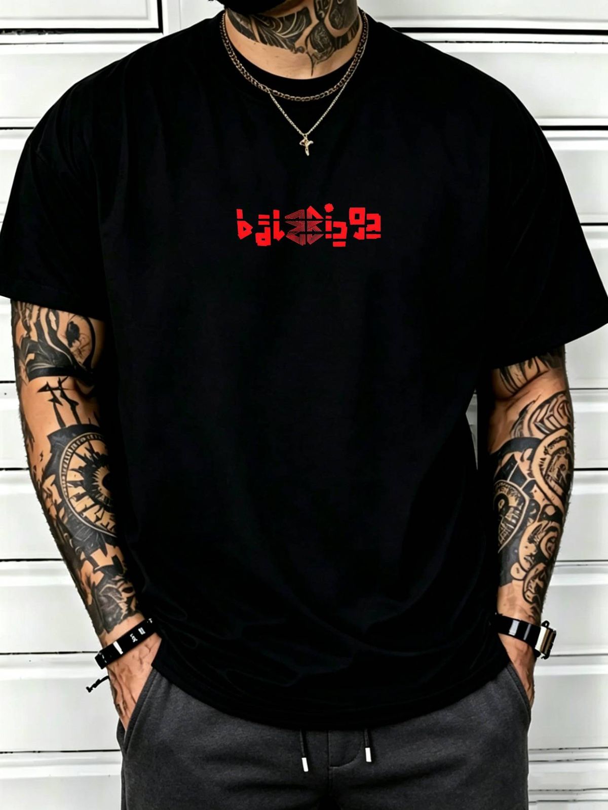 100% Cotton Men Casual T-shirt Red Abstract Block Text Print Crew Neck Short Sleeve Daily Streetwear Top_viptrois.com