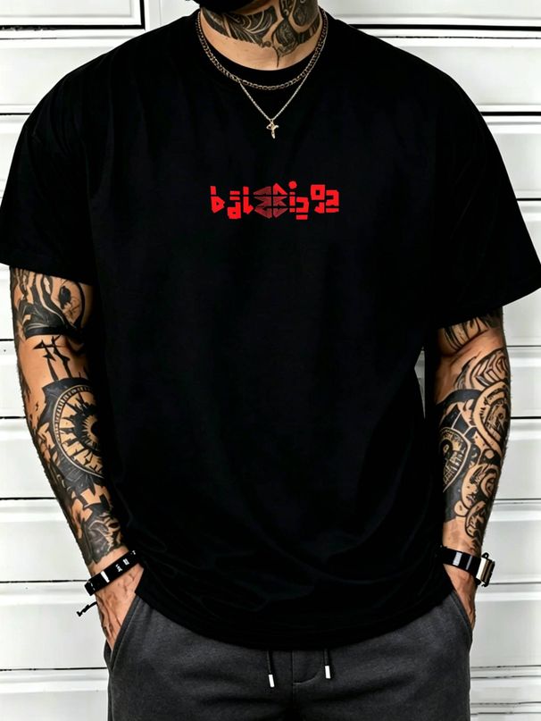100% Cotton Men Casual T-shirt Red Abstract Block Text Print Crew Neck Short Sleeve Daily Streetwear Top_viptrois.com