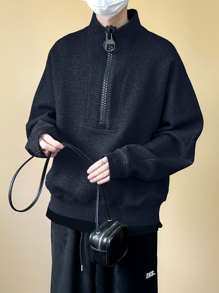 Big Zipper Stand Up Collar Hoodie For Men, Versatile For Winter High Street, Loose Fitting Top, Trendy Brand Casual Couple Jacket_viptrois.com