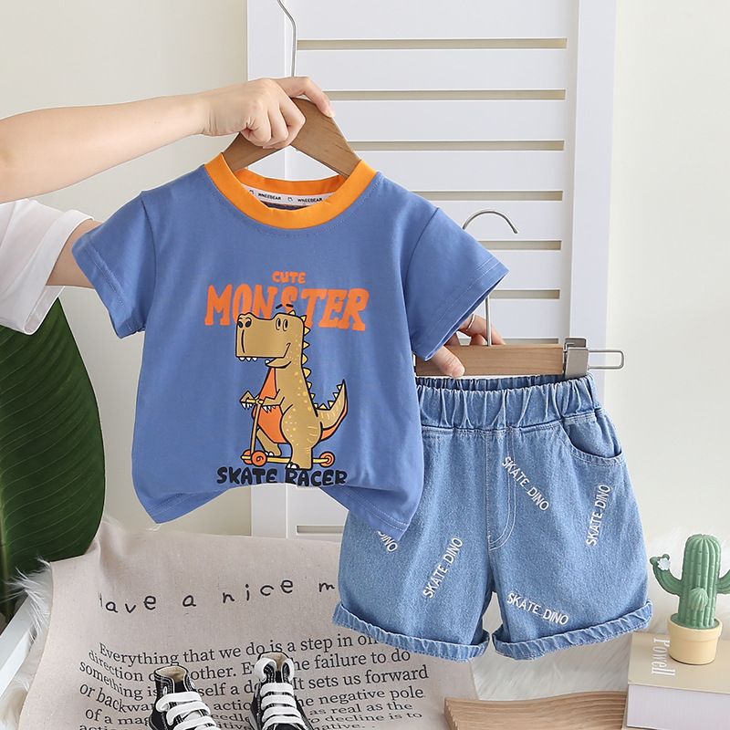 Boys' Outfit Baby's Skateboard Dinosaur Two-piece Set, Korean Version Summer Short Sleeved Outfit, Children's Clothing_viptrois.com