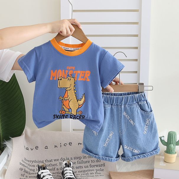 Boys' Outfit Baby's Skateboard Dinosaur Two-piece Set, Korean Version Summer Short Sleeved Outfit, Children's Clothing_viptrois.com