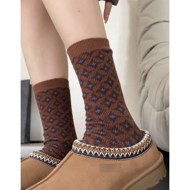 Retro Literary Style Geometric Houndstooth Socks Women's Mid Tube Socks Maillard Double Needle Double Path Niche Design Mid Tube Socks_viptrois.com