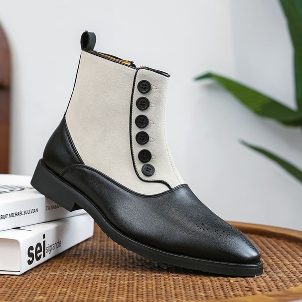 New Fashion Brown And White Chelsea Boots Men's British Retro Gentleman Black Reverse Velvet Leather Boots Pointed Toe Black Zippered Men's Boots_viptrois.com