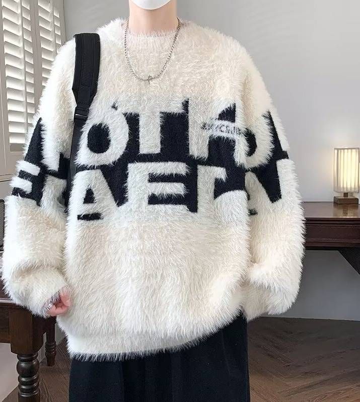 Men's Plush Mink Sweater Winter Thick Knitted Cardigan Soft Yarn Pullover With Letter Print For Teens & Youth_viptrois.com