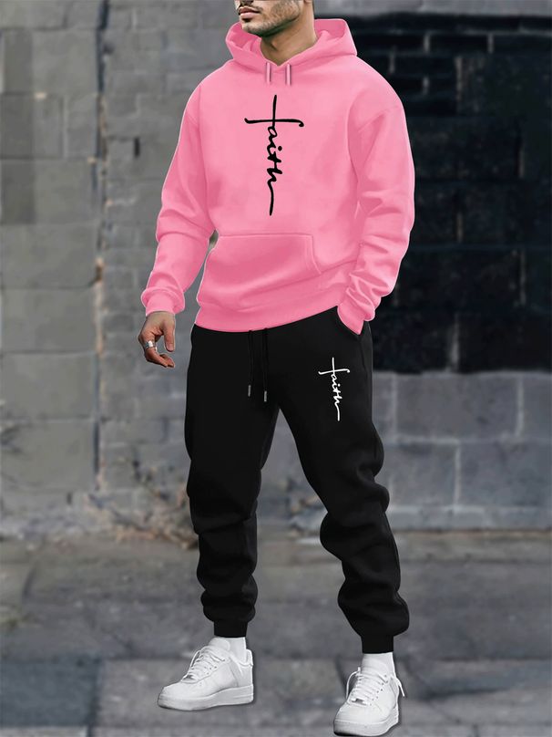 Men's Autumn And Winter Casual Fashion Faith Cross Print Loose Suede Thick Hooded Sweatshirt+sports Pants Set_viptrois.com