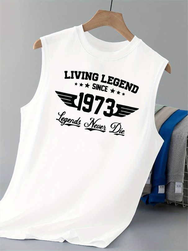 100% Pure Cotton Men's Summer Casual Sports Fitness Loose Retro 1973 Pattern Printed Breathable Round Neck Sleeveless Vest_viptrois.com