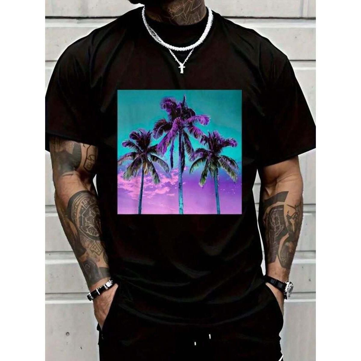Camisa De Algodón, Palmera Negra, Camiseta Tropical Verde Azulado, Turquesa, Púrpura, Vintage, Gráficas Hombres, Camisas_viptrois.com