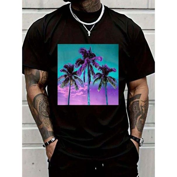 Camisa De Algodón, Palmera Negra, Camiseta Tropical Verde Azulado, Turquesa, Púrpura, Vintage, Gráficas Hombres, Camisas_viptrois.com