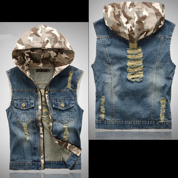 Men's Clothes Slim-fit Ripped Denim Vest For Men Hooded Denim Vest For Men Camouflage Denim Vest_viptrois.com