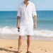 Men's Linen Long Sleeve Casual Top And Five Quarter Shorts Fashion Set_viptrois.com