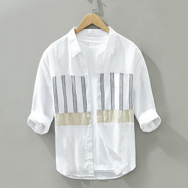 Linen Shirt, Men's Loose And Trendy Casual Top, Japanese Patchwork Seven Quarter Sleeved Linen Shirt_viptrois.com