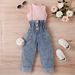 Mother & Kids Children's Clothing Girls Summer Pit Solid Color Sleeveless Off Shoulder Pullover Ripped Denim Trousers Two Piece Set_viptrois.com