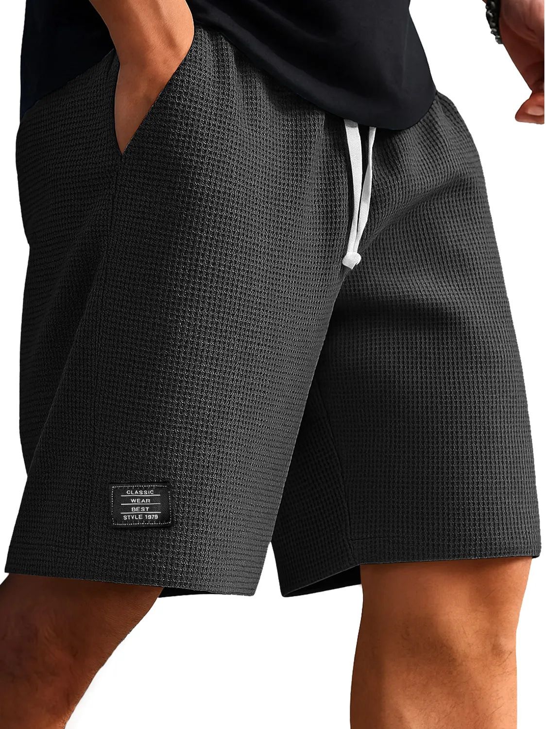 Men's Casual Sports Shorts Summer Waffle Cotton Polyester Middle-Aged And Young Style Black Blue Mid-Waist Drawstring Pants_viptrois.com