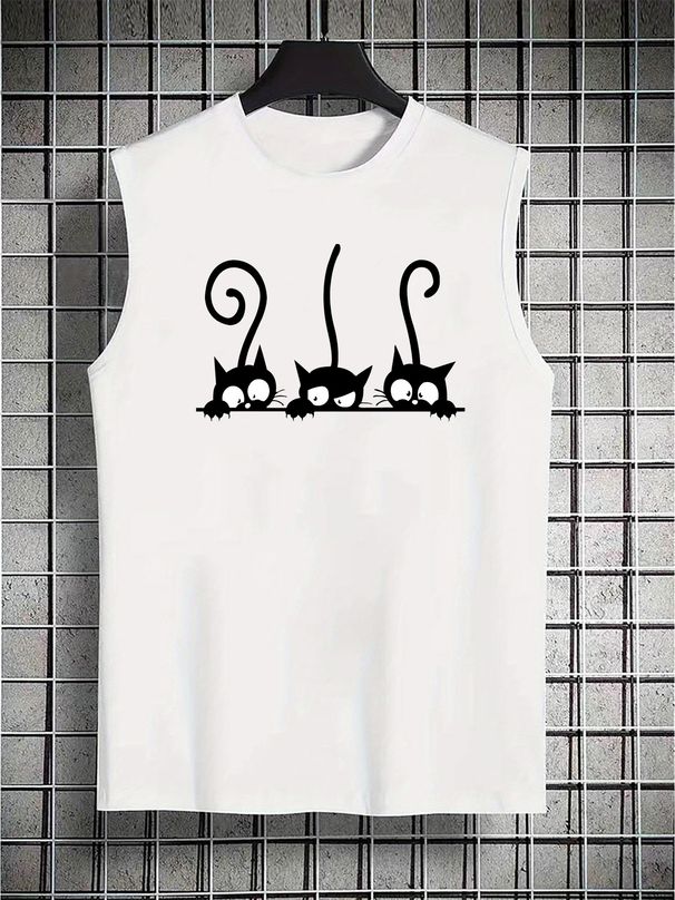 100% Pure Cotton Men's Summer Casual Sports Fitness Loose Black Cat Pattern Printed Breathable Round Neck Sleeveless Vest_viptrois.com
