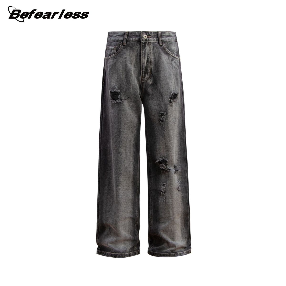 Men's Clothing Retro Washed Hole Workwear Jeans Trendy Brand Loose Straight Men And Women Wide Leg Mopping Casual Trousers_viptrois.com