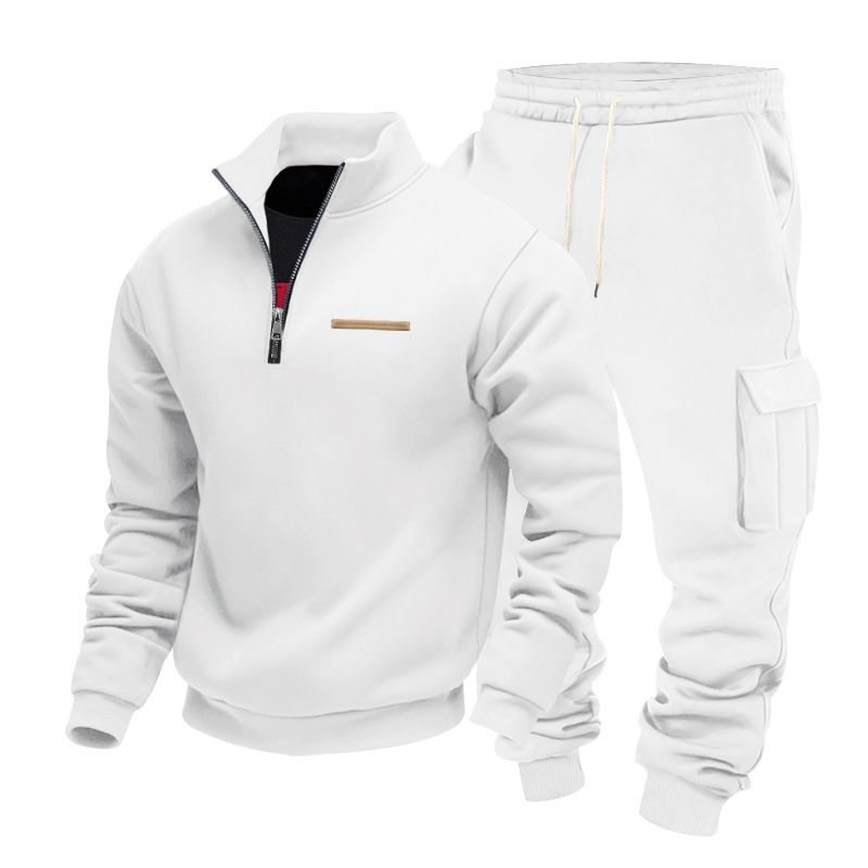 Independent Station Large Size Winter Velvet Half Zipper Stand-up Collar Pullover Solid Color Casual Sweater Tooling Trousers Suit Men_viptrois.com