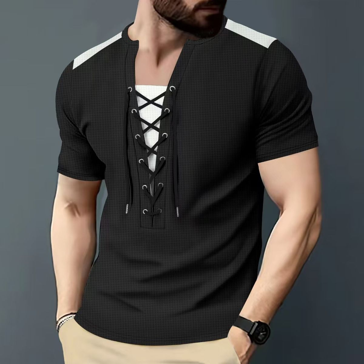 Men's Clothing Cardigan Drawstring Round Neck Sports Polo Shirt_viptrois.com