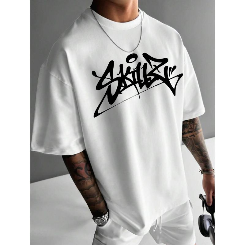 Men's 230GSM Graffiti Print Tee - 100% Cotton Streetwear T-Shirt With Artistic Lettering_viptrois.com