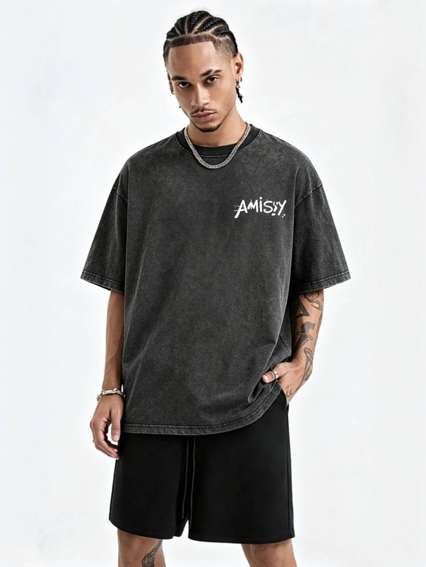 230g Vintage Washed Men Casual Tee Amissy Graffiti Cursive Script Font Print Short Sleeve Loose Daily Street Tshirt_viptrois.com