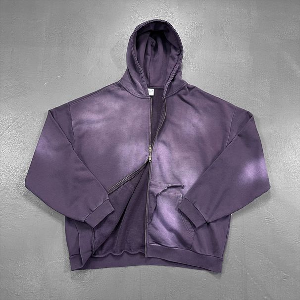 Men's Clothing Vintage Washed Cotton Zip-Up Hoodie – Distressed Two-Way Zipper, Raw Hem & Patch Pockets, Streetwear Oversized Fit (Black/Purple)_viptrois.com