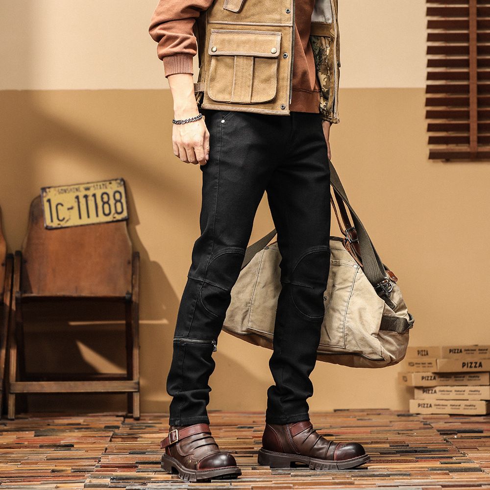 Black Casual Pants Men's Small Foot Stretch Jeans Fashionable Cycling Trousers_viptrois.com