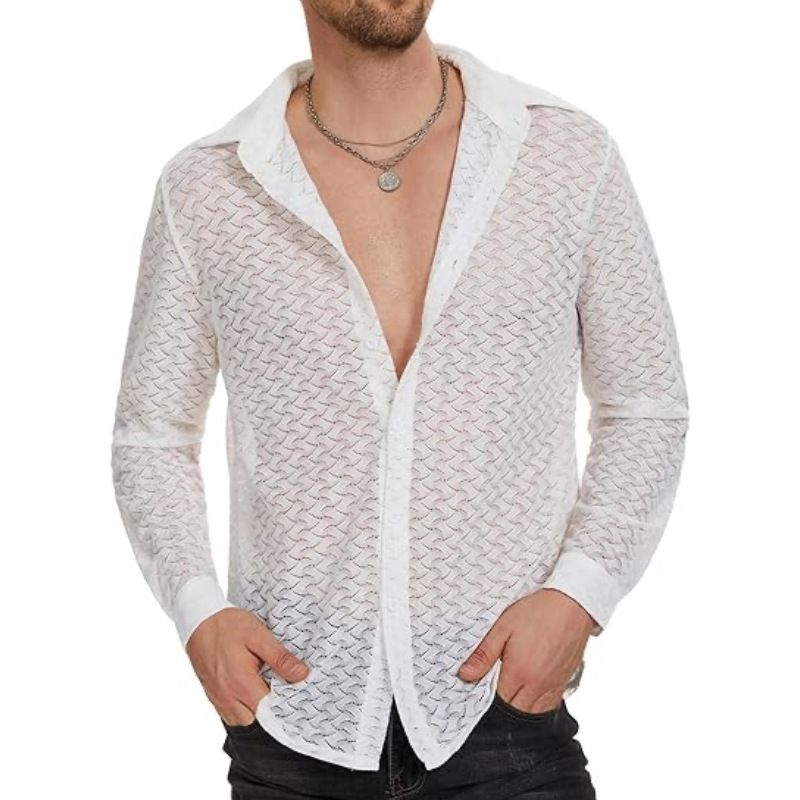 Men's Clothing Lace See Through Shirt Sexy Hollow Mesh Long Sleeved Shirt Casual Tops_viptrois.com
