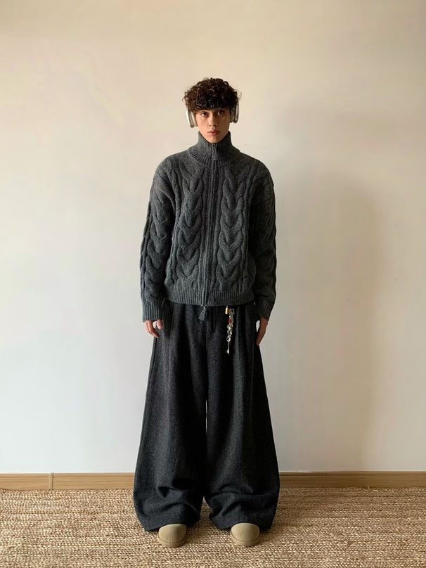 American Half Turtleneck For Men Winter Heavyweight Lazy Style Cable Knit Sweater Trendy Brand High Street Couple_viptrois.com